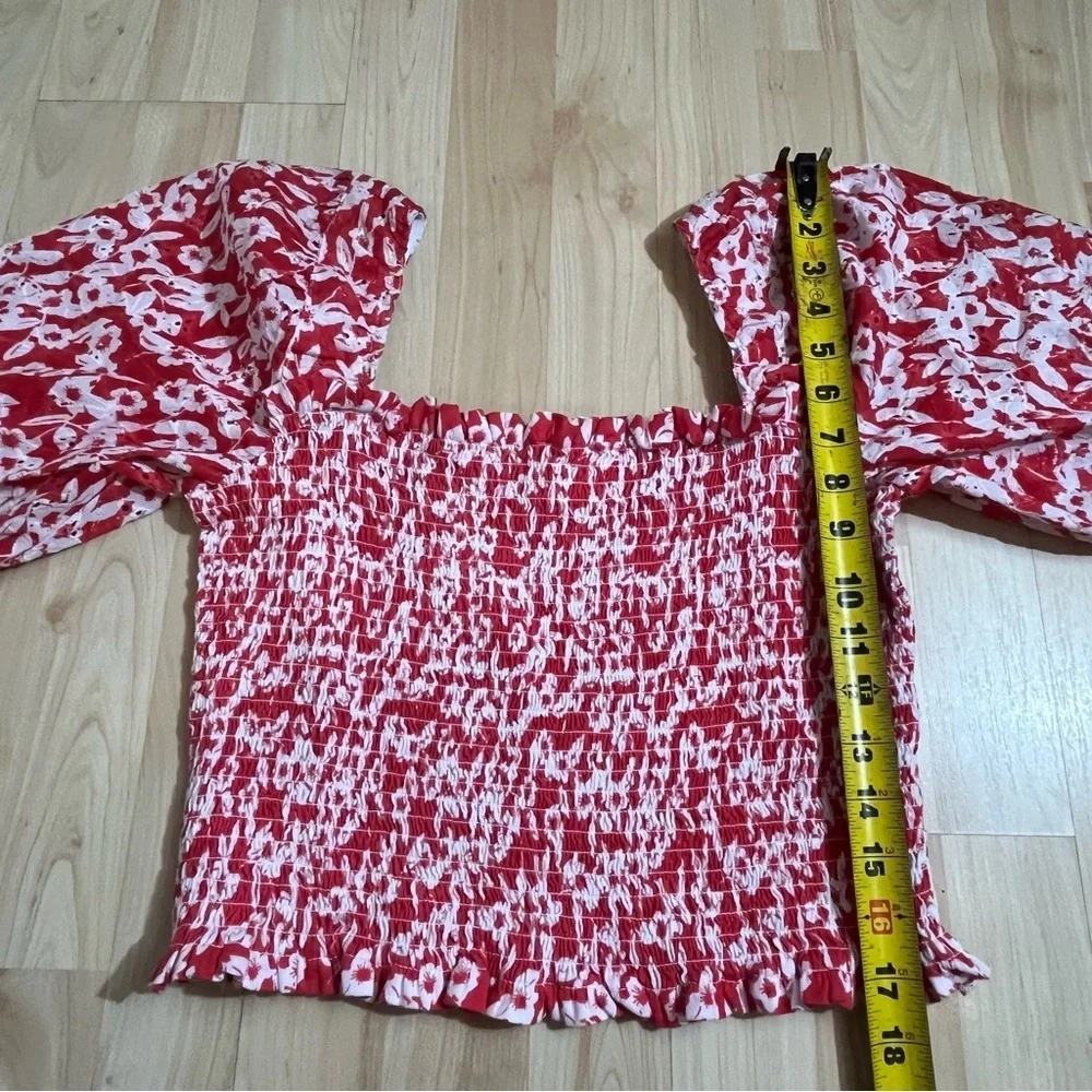 Anthropologie Smocked Eyelet Top Red Floral Blouse Size Medium